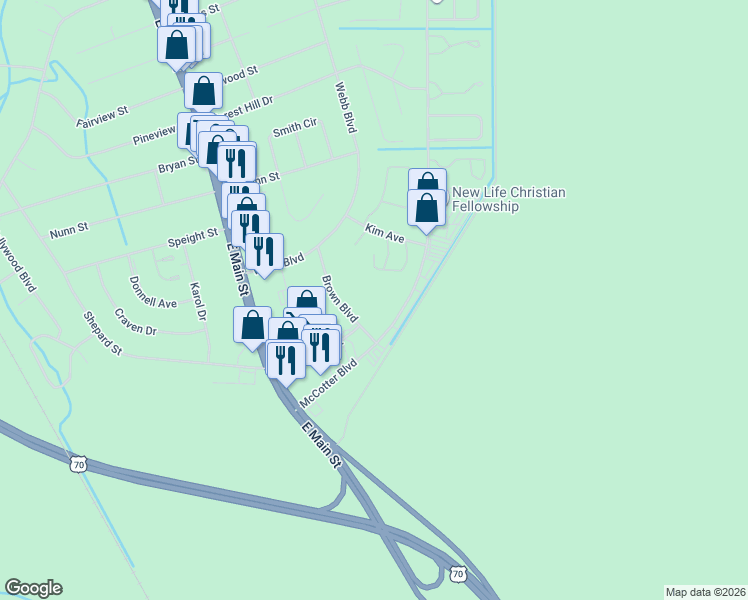 map of restaurants, bars, coffee shops, grocery stores, and more near 165 Brown Boulevard in Havelock