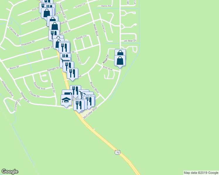 map of restaurants, bars, coffee shops, grocery stores, and more near 195 Brown Blvd in Havelock