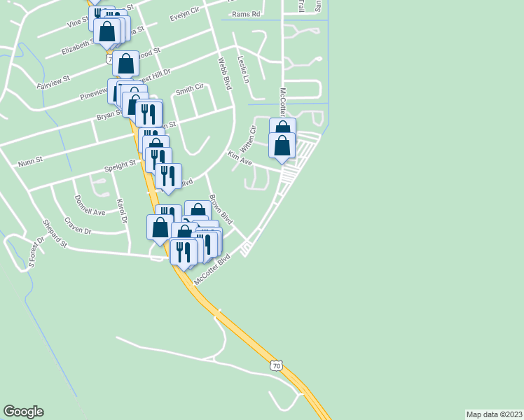 map of restaurants, bars, coffee shops, grocery stores, and more near 200 Brown Boulevard in Havelock