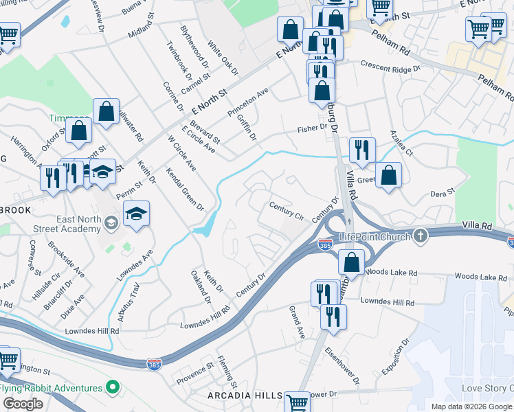 map of restaurants, bars, coffee shops, grocery stores, and more near 65 Century Circle in Greenville