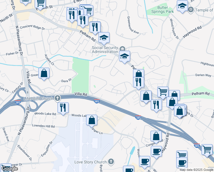 map of restaurants, bars, coffee shops, grocery stores, and more near 9 Micasa Court in Greenville
