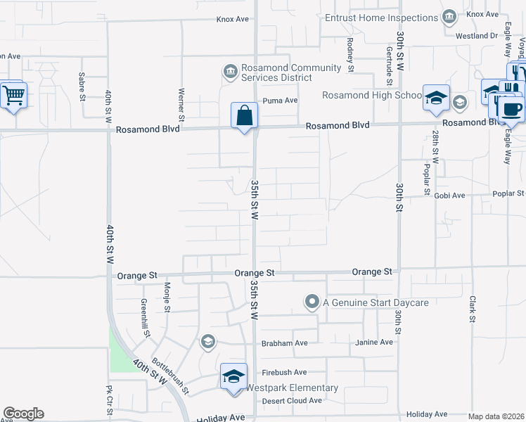map of restaurants, bars, coffee shops, grocery stores, and more near 3439 Christy Avenue in Rosamond