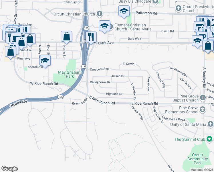 map of restaurants, bars, coffee shops, grocery stores, and more near 291 Mountain View Drive in Santa Maria