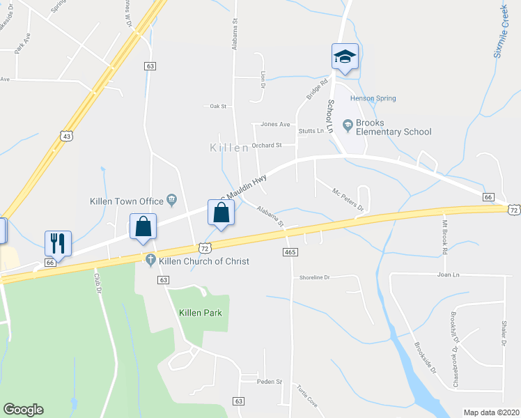map of restaurants, bars, coffee shops, grocery stores, and more near 142 Alabama Street in Killen