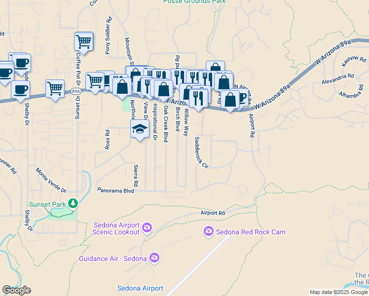 map of restaurants, bars, coffee shops, grocery stores, and more near 180 Willow Way in Sedona