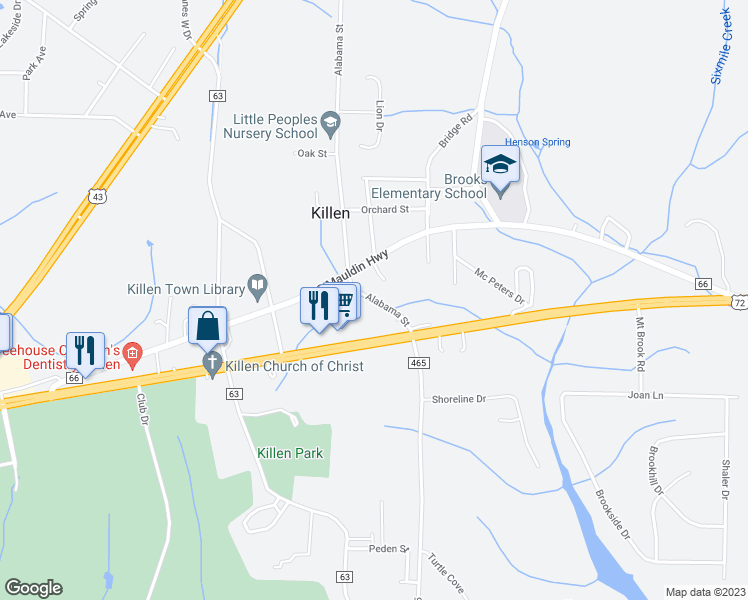 map of restaurants, bars, coffee shops, grocery stores, and more near 144 Alabama Street in Killen