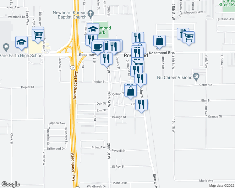 map of restaurants, bars, coffee shops, grocery stores, and more near 1950 Center Street in Rosamond