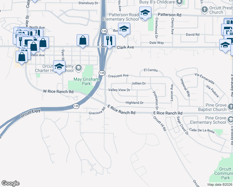 map of restaurants, bars, coffee shops, grocery stores, and more near 214 Mountain View Drive in Santa Maria