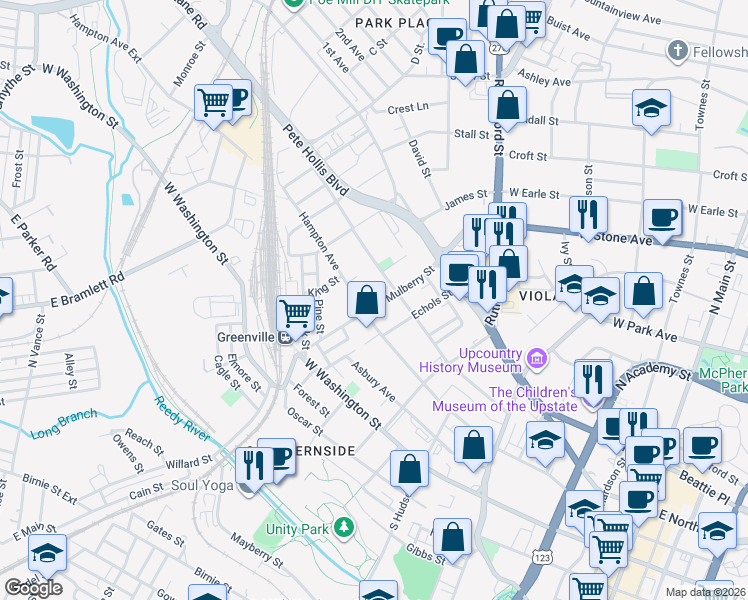 map of restaurants, bars, coffee shops, grocery stores, and more near 706A Hampton Avenue in Greenville