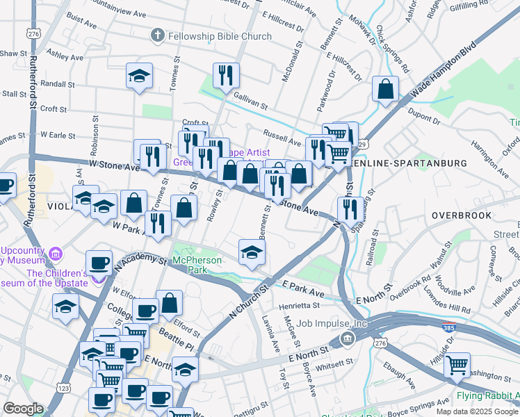 map of restaurants, bars, coffee shops, grocery stores, and more near 125 Bennett Street in Greenville