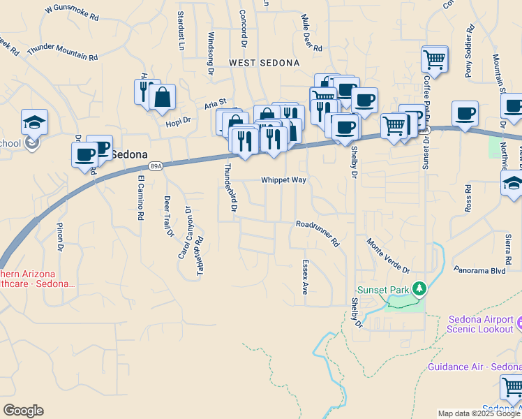 map of restaurants, bars, coffee shops, grocery stores, and more near 115 Meadowlark Lane in Sedona
