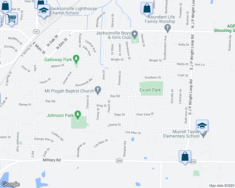 map of restaurants, bars, coffee shops, grocery stores, and more near 1203 Ray Road in Jacksonville
