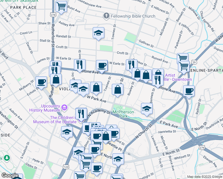 map of restaurants, bars, coffee shops, grocery stores, and more near 623 North Main Street in Greenville
