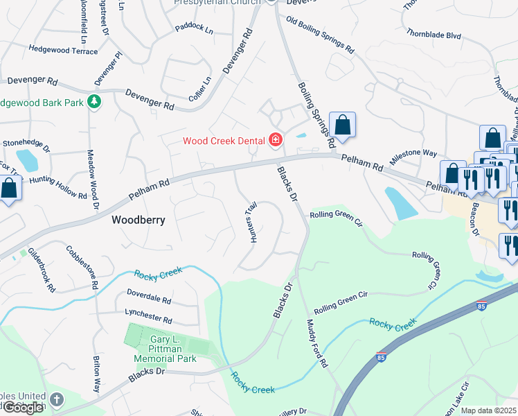map of restaurants, bars, coffee shops, grocery stores, and more near 1 Hunters Trail in Greenville
