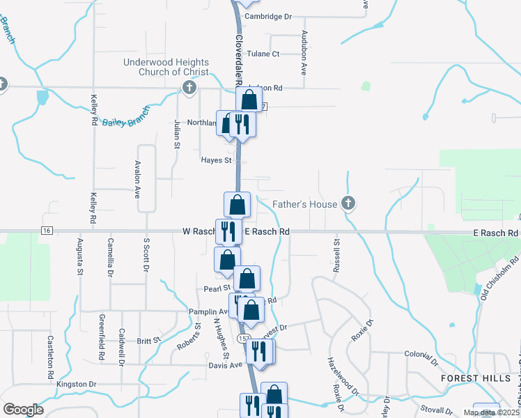 map of restaurants, bars, coffee shops, grocery stores, and more near 100 Hickory Trace Lane in Florence