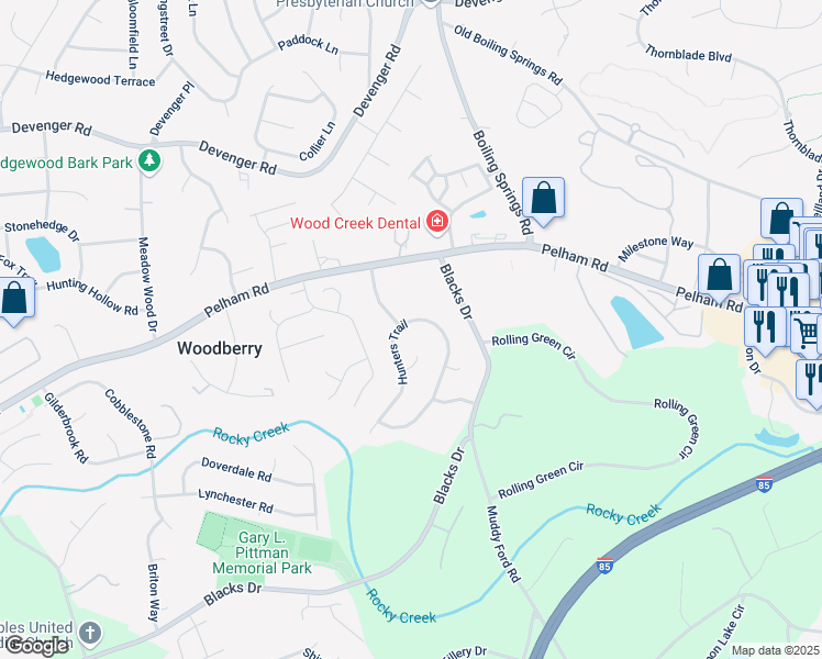 map of restaurants, bars, coffee shops, grocery stores, and more near 1 Hunters Trail in Greenville