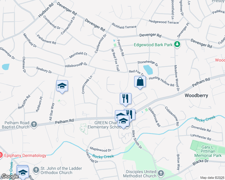 map of restaurants, bars, coffee shops, grocery stores, and more near 512 Foxcroft Road in Greenville