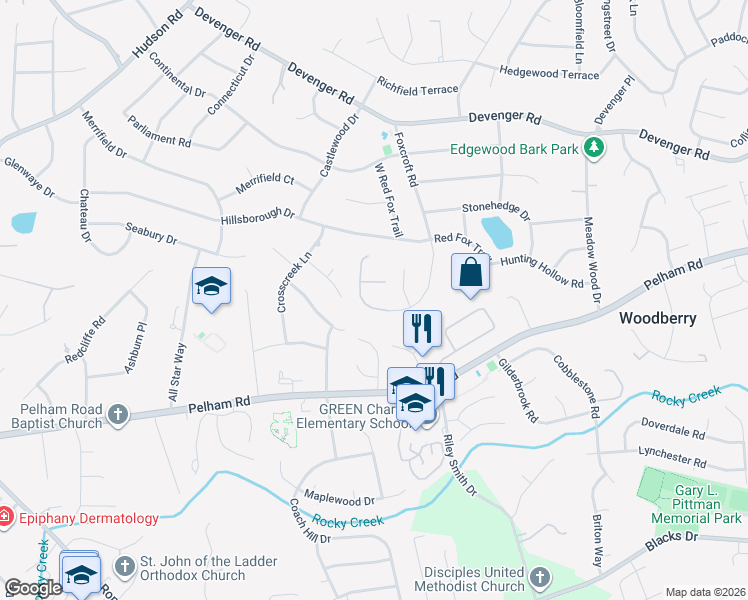 map of restaurants, bars, coffee shops, grocery stores, and more near 512 Foxcroft Road in Greenville