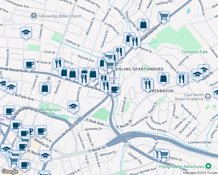 map of restaurants, bars, coffee shops, grocery stores, and more near 503 East Stone Avenue in Greenville