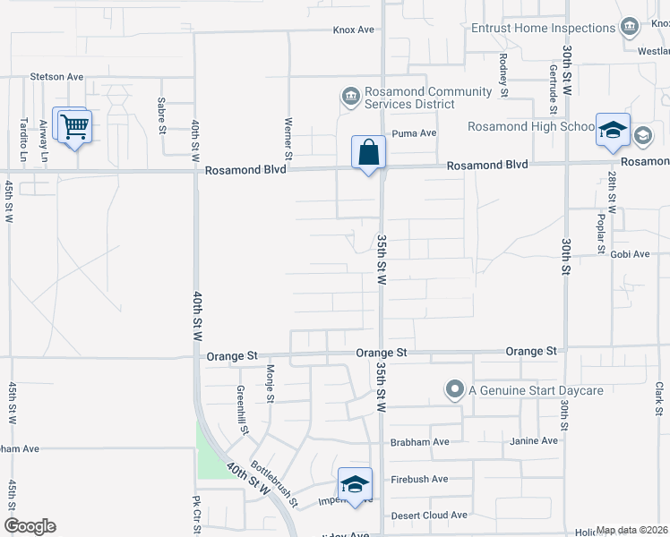 map of restaurants, bars, coffee shops, grocery stores, and more near 3621 Mount San Gorgonia Avenue in Rosamond