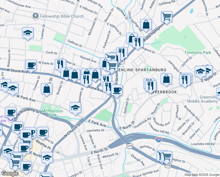 map of restaurants, bars, coffee shops, grocery stores, and more near 503 East Stone Avenue in Greenville
