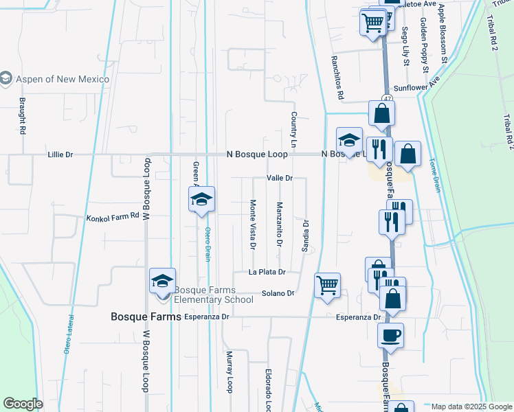 map of restaurants, bars, coffee shops, grocery stores, and more near 1010 Monte Vista Drive in Bosque Farms