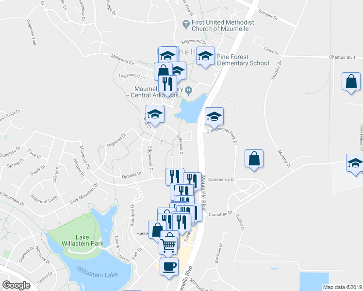 map of restaurants, bars, coffee shops, grocery stores, and more near 1434 Valencia Drive in Maumelle