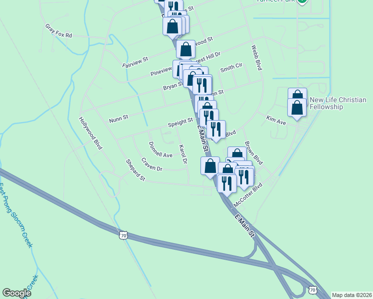 map of restaurants, bars, coffee shops, grocery stores, and more near 116 Karol Drive in Havelock