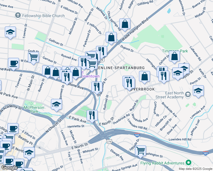 map of restaurants, bars, coffee shops, grocery stores, and more near 211 Bethel Street in Greenville