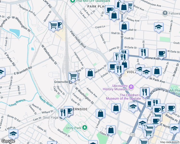 map of restaurants, bars, coffee shops, grocery stores, and more near 706A Hampton Avenue in Greenville