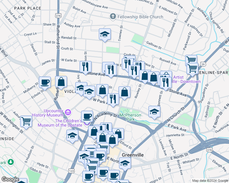 map of restaurants, bars, coffee shops, grocery stores, and more near 416 Townes Street in Greenville