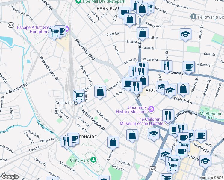map of restaurants, bars, coffee shops, grocery stores, and more near 212 Pinckney Street in Greenville