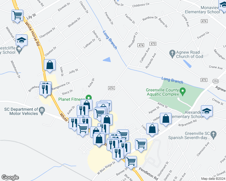 map of restaurants, bars, coffee shops, grocery stores, and more near Marbella Circle in Parker