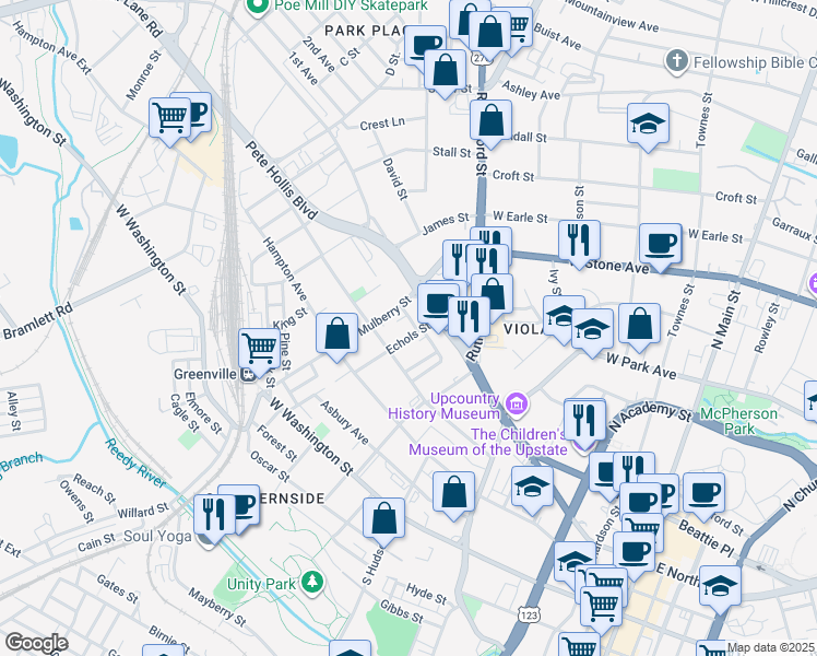 map of restaurants, bars, coffee shops, grocery stores, and more near 3 Jay Street in Greenville