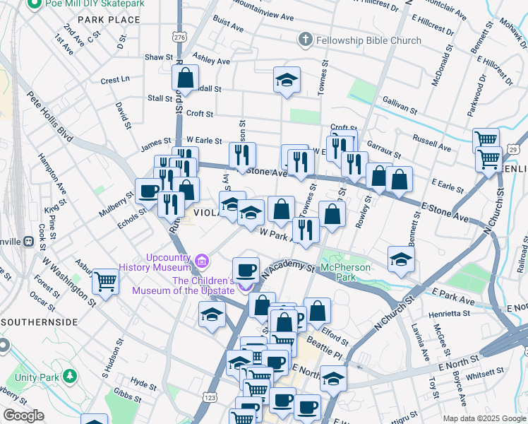 map of restaurants, bars, coffee shops, grocery stores, and more near 19 Mansell Court in Greenville