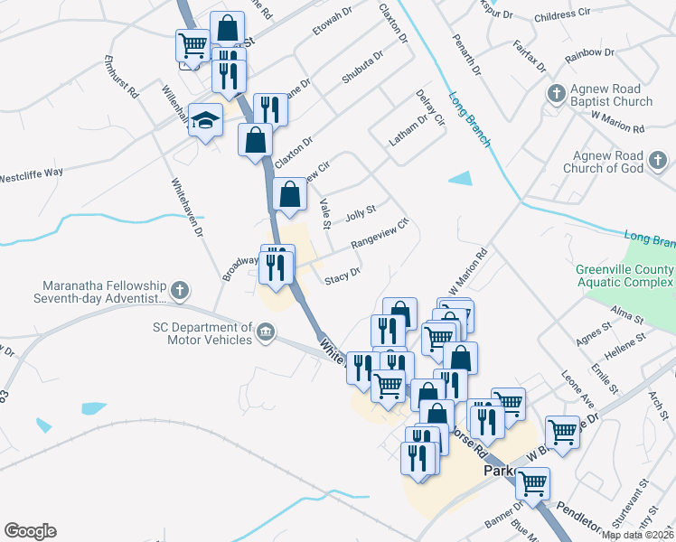 map of restaurants, bars, coffee shops, grocery stores, and more near 21 Stacy Drive in Greenville