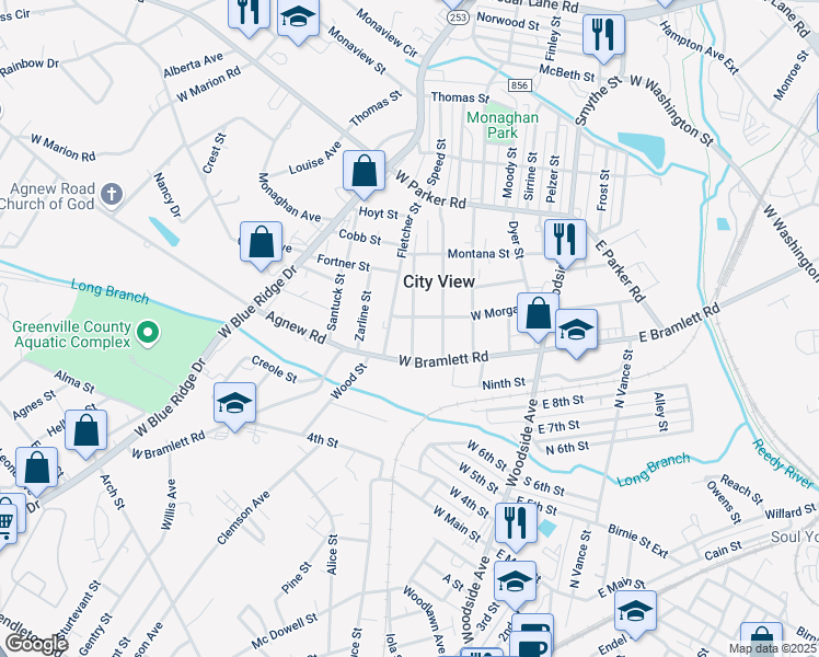 map of restaurants, bars, coffee shops, grocery stores, and more near 15 McDade Street in Greenville