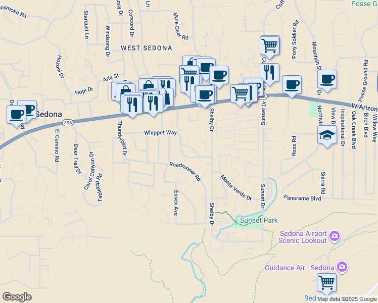 map of restaurants, bars, coffee shops, grocery stores, and more near 2235 Whippet Way in Sedona