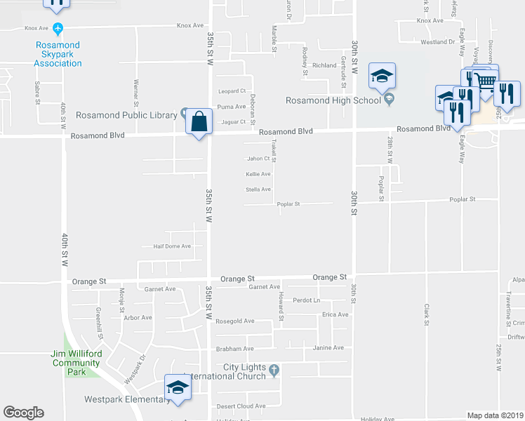 map of restaurants, bars, coffee shops, grocery stores, and more near 3312 Poplar Street in Rosamond