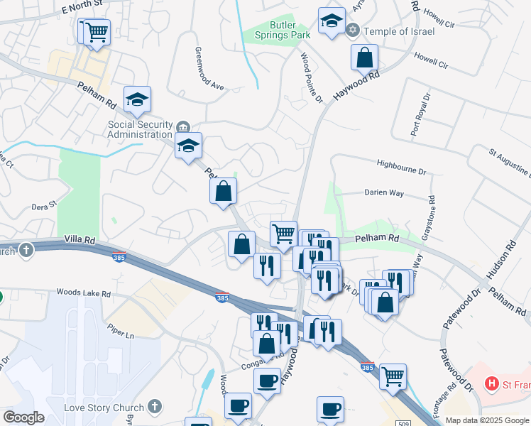map of restaurants, bars, coffee shops, grocery stores, and more near 365 Pelham Road in Greenville