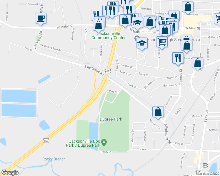 map of restaurants, bars, coffee shops, grocery stores, and more near 1705 South Redmond Road in Jacksonville