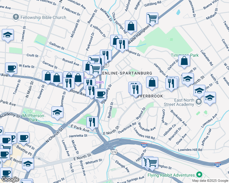 map of restaurants, bars, coffee shops, grocery stores, and more near 211 Bethel Street in Greenville