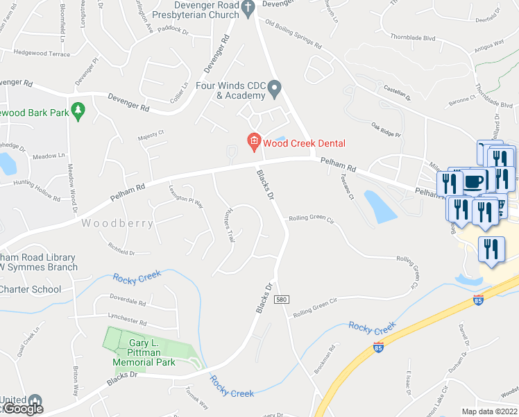 map of restaurants, bars, coffee shops, grocery stores, and more near 408 Hunters Trail in Greenville