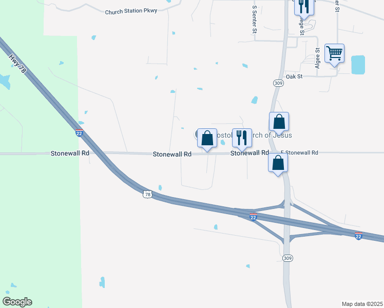 map of restaurants, bars, coffee shops, grocery stores, and more near 99 Stonewall Road in Byhalia