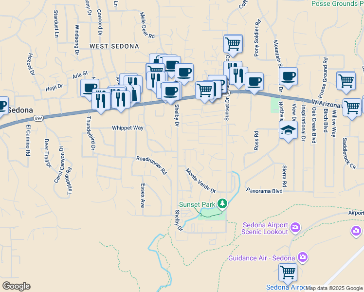 map of restaurants, bars, coffee shops, grocery stores, and more near 825 Dusty Rose Drive in Sedona