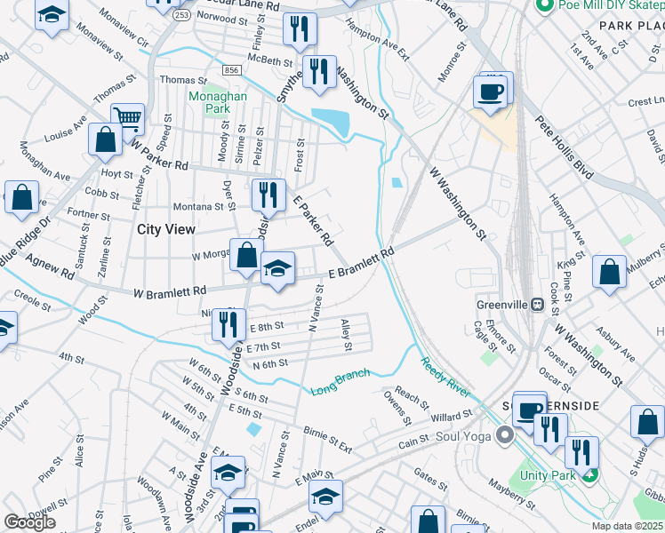 map of restaurants, bars, coffee shops, grocery stores, and more near 602 East Bramlett Road in Greenville