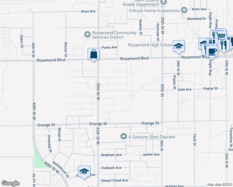 map of restaurants, bars, coffee shops, grocery stores, and more near 3336 Poplar Street in Rosamond