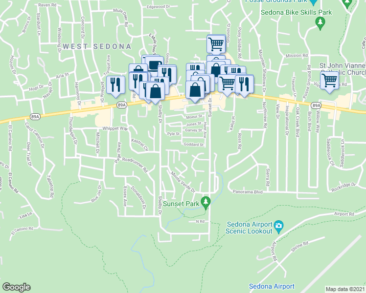 map of restaurants, bars, coffee shops, grocery stores, and more near 32 Goddard Street in Sedona