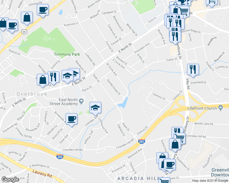 map of restaurants, bars, coffee shops, grocery stores, and more near 28 Kendal Green Drive in Greenville