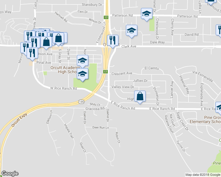 map of restaurants, bars, coffee shops, grocery stores, and more near 5432 Orcutt Road in Santa Maria